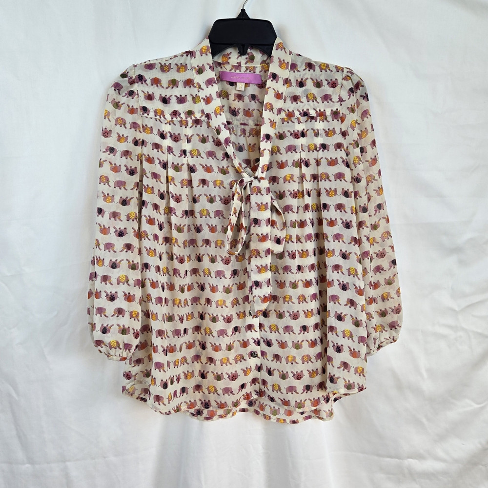 Under Skies Modcloth‎ Ivory Chiffon Pink Elephant Print 3/4 Sleeve Blouse Medium